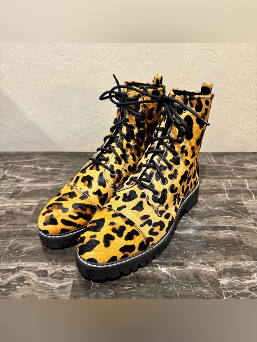 NEW Myra Inertia Leopard Print Calf Hair Leather Combat Boots